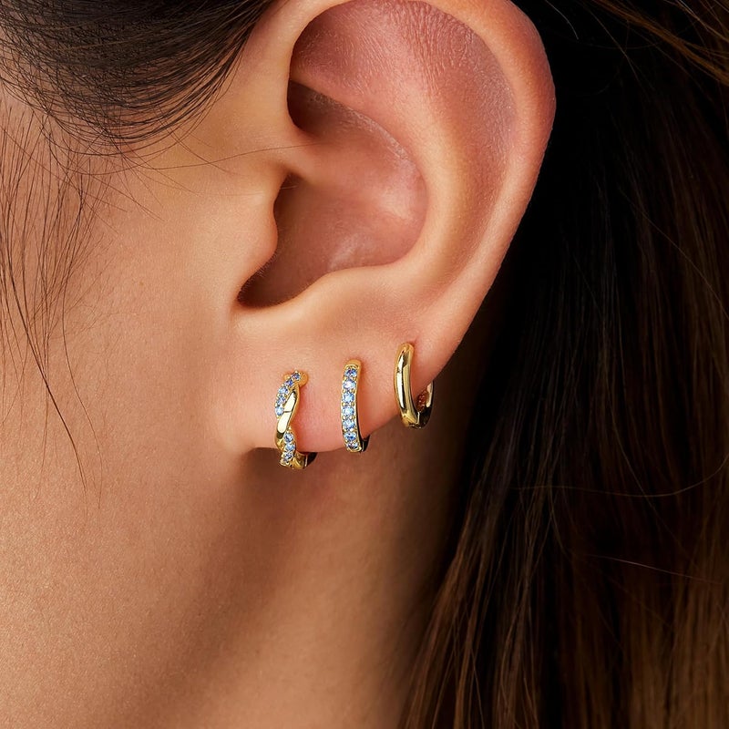 Inerney 14K Gold Plated Huggie Hoop Earrings for Women, Small Sterling Silver Earring Set Hypoallergenic Cartilage Helix Stacks, Mini Dainty Cute Trendy Birthstone Jewelry Gift for Multiple Piercings - Image 4
